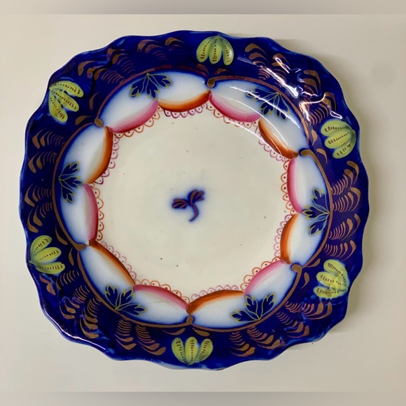 19th Century Gaudy Welsh Ironstone Banana Flow Blue Square Scalloped Plate - Picture 11 of 12